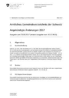 Amtliches Gemeindeverzeichnis der Schweiz - Angekündigte Änderungen 2017 - Ausgabe vom 23.03.2017 (ersetzt Ausgabe vom 16.12.2016)