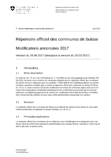 Répertoire officiel des communes de Suisse - Modifications annoncées 2017 - Version du 15.06.2017 (remplace la version du 23.03.2017)